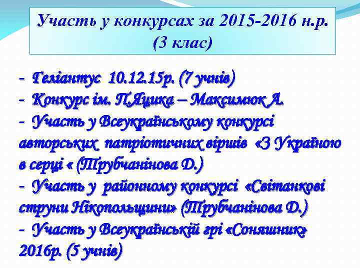 Участь у конкурсах за 2015 -2016 н. р. (3 клас) - Геліантус 10. 12.