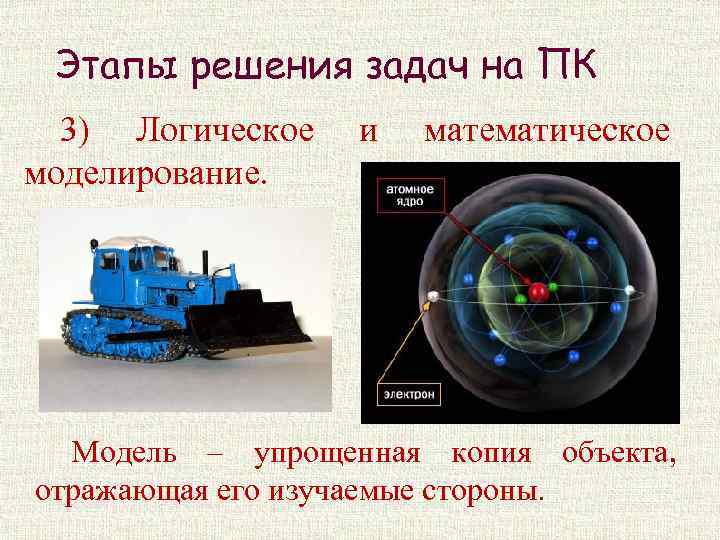 Этапы решения задач на ПК 3) Логическое моделирование. и математическое Модель – упрощенная копия