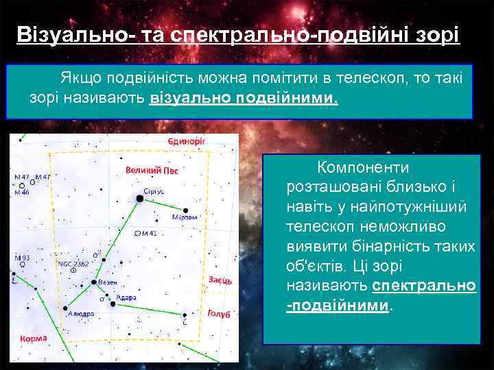 Візуально- та спектрально-подвійні зорі Якщо подвійність можна помітити в телескоп, то такі зорі називають