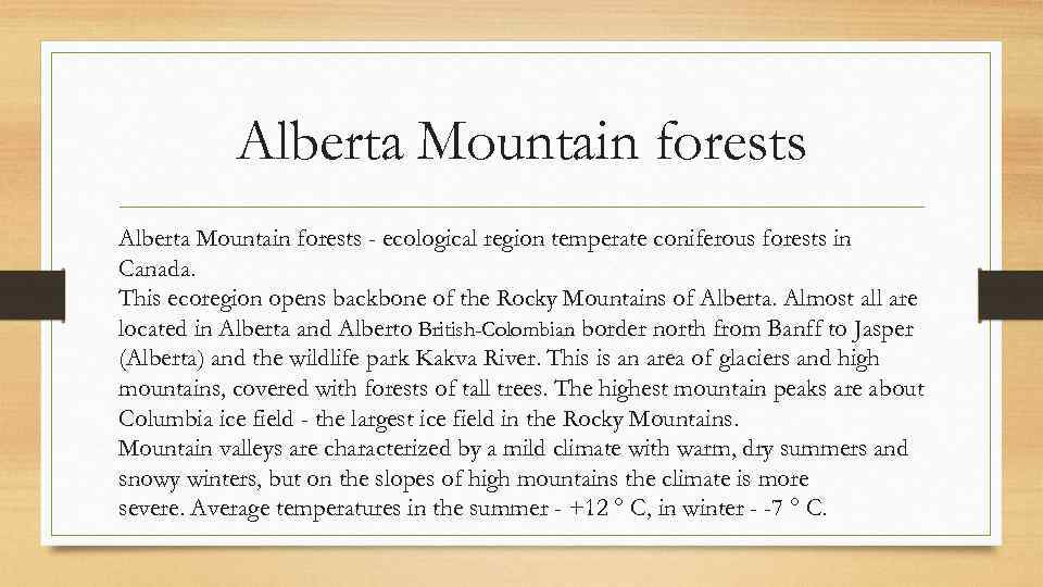 Alberta Mountain forests - ecological region temperate coniferous forests in Canada. This ecoregion opens