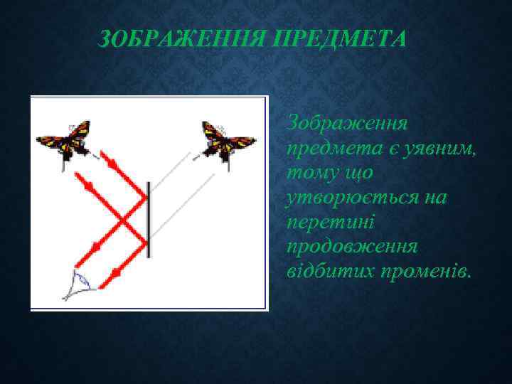 ЗОБРАЖЕННЯ ПРЕДМЕТА Зображення предмета є уявним, тому що утворюється на перетині продовження відбитих променів.