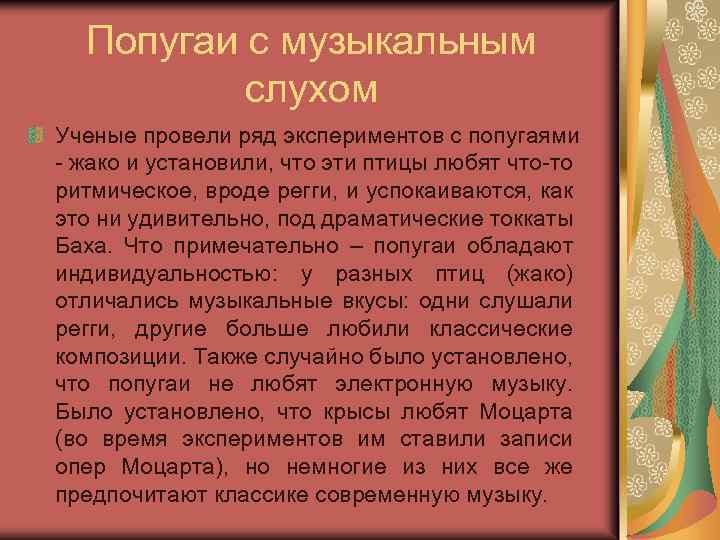 Попугаи с музыкальным слухом Ученые провели ряд экспериментов с попугаями - жако и установили,