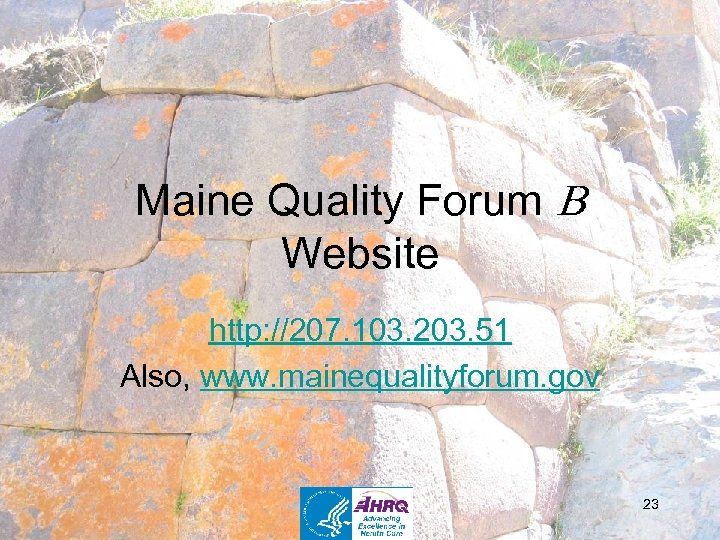 Maine Quality Forum Website http: //207. 103. 203. 51 Also, www. mainequalityforum. gov 23