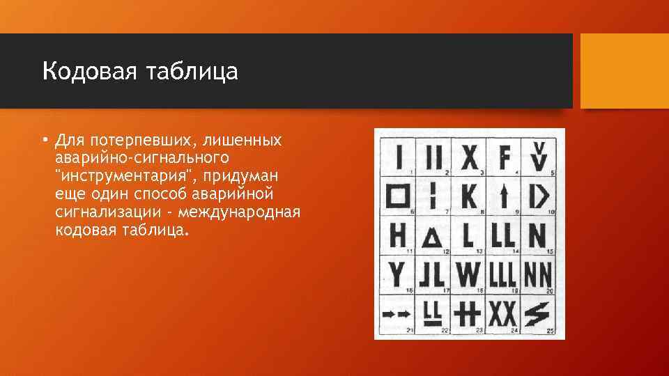 Кодовая таблица • Для потерпевших, лишенных аварийно-сигнального 