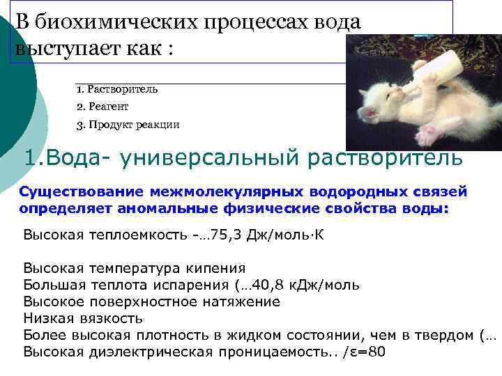 В биохимических процессах вода выступает как : • 1. Растворитель • 2. Реагент •