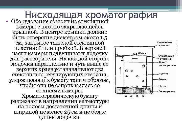 Нисходящая хроматография • Оборудование состоит из стеклянной камеры с плотно закрывающейся крышкой. В центре