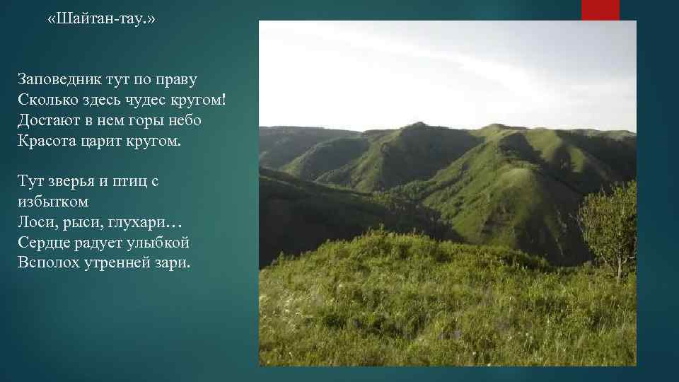 «Шайтан-тау. » Заповедник тут по праву Сколько здесь чудес кругом! Достают в нем