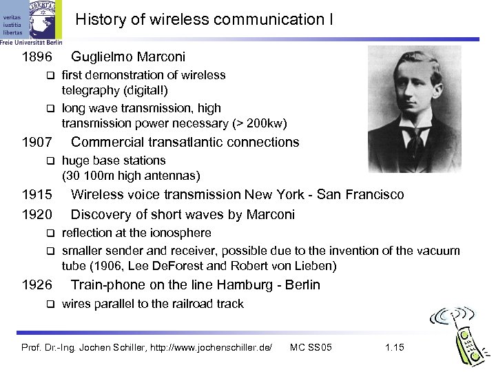 History of wireless communication I 1896 Guglielmo Marconi first demonstration of wireless telegraphy (digital!)