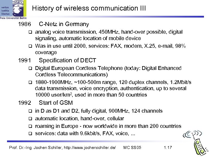 History of wireless communication III 1986 C-Netz in Germany analog voice transmission, 450 MHz,