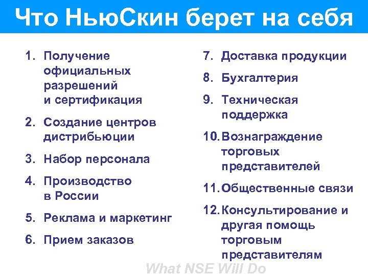 Что Нью. Скин берет на себя 1. Получение официальных разрешений и сертификация 7. Доставка