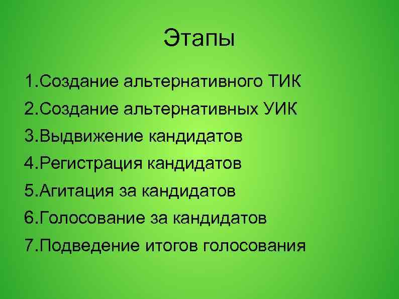 Этапы 1. Создание альтернативного ТИК 2. Создание альтернативных УИК 3. Выдвижение кандидатов 4. Регистрация