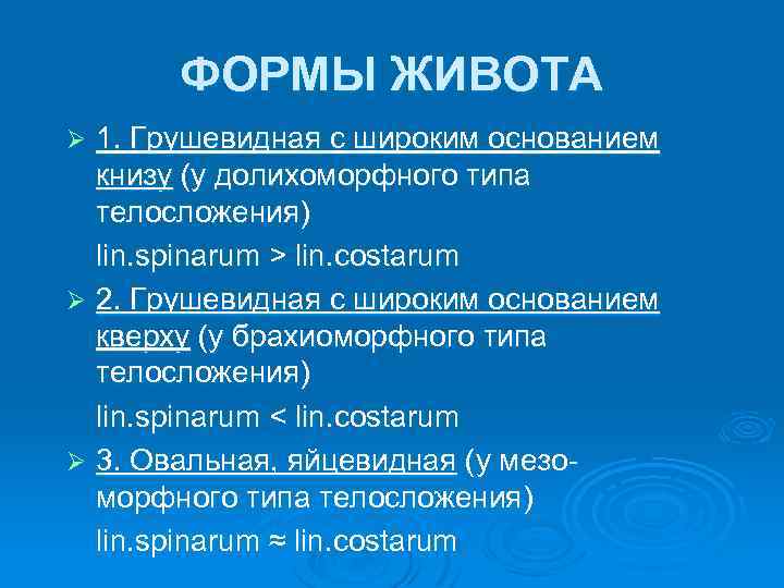 ФОРМЫ ЖИВОТА 1. Грушевидная с широким основанием книзу (у долихоморфного типа телосложения) lin. spinarum