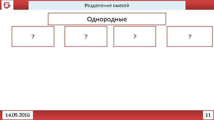 Разделение смесей Однородные ? 14. 09. 2016 ? ? ? 11 