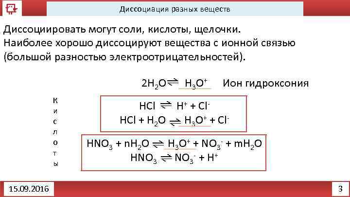 Диссоциация разных веществ Диссоциировать могут соли, кислоты, щелочки. Наиболее хорошо диссоцируют вещества с ионной