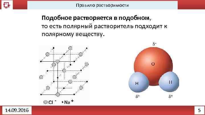 Правило растворимости Подобное растворяется в подобном, то есть полярный растворитель подходит к полярному веществу.