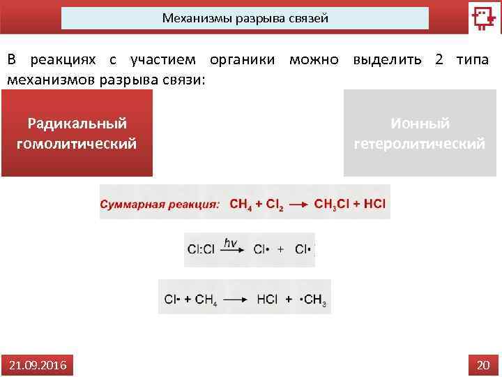 Механизмы разрыва связей В реакциях с участием органики можно выделить 2 типа механизмов разрыва