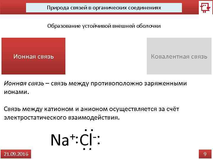 Природа связей в органических соединениях Образование устойчивой внешней оболочки Ионная связь Ковалентная связь Ионная