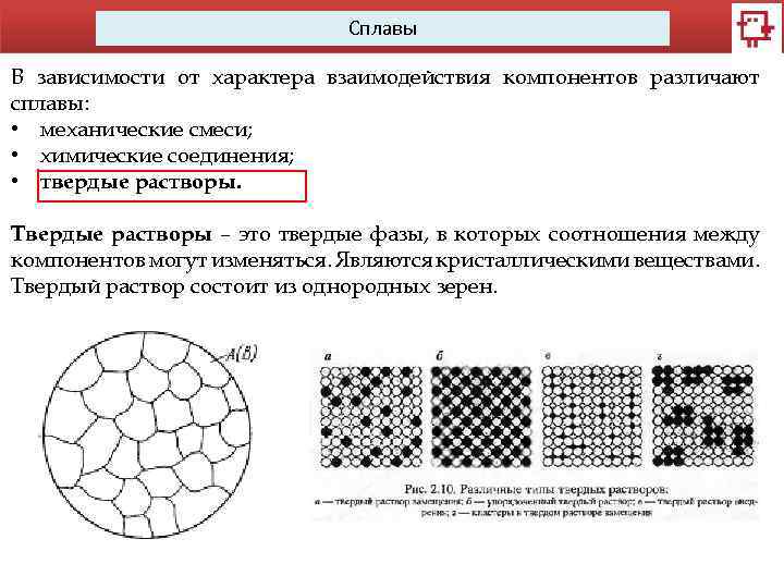 Сплавы В зависимости от характера взаимодействия компонентов различают сплавы: • механические смеси; • химические