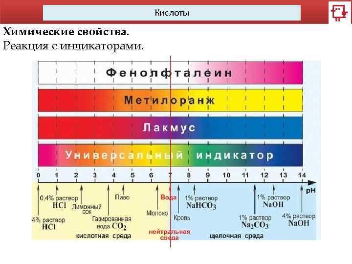 Кислоты Химические свойства. Реакция с индикаторами. 