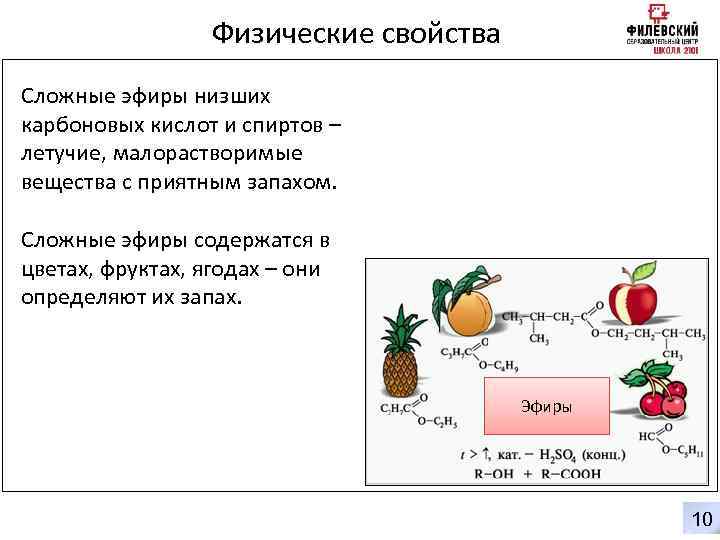 Физические свойства Сложные эфиры низших карбоновых кислот и спиртов – летучие, малорастворимые вещества с