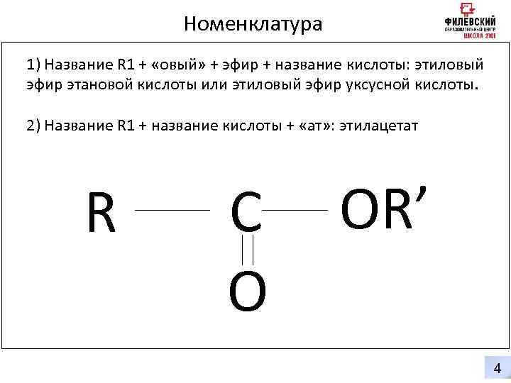 Номенклатура 1) Название R 1 + «овый» + эфир + название кислоты: этиловый эфир