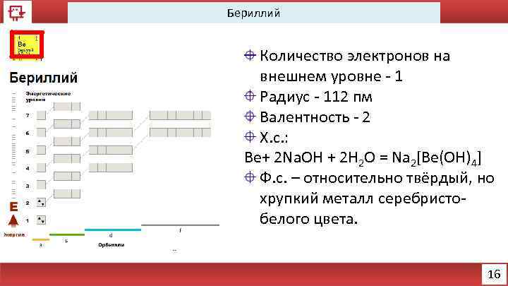 Бериллий Количество электронов на внешнем уровне - 1 Радиус - 112 пм Валентность -