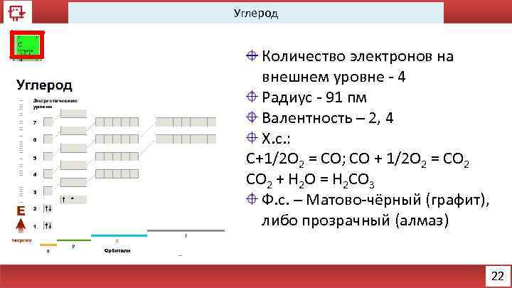 Углерод Количество электронов на внешнем уровне - 4 Радиус - 91 пм Валентность –