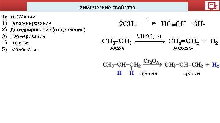 Химические свойства Типы реакций: 1) Галогенирование 2) Дегидрирование (отщепление) 3) Изомеризация 4) Горения 5)