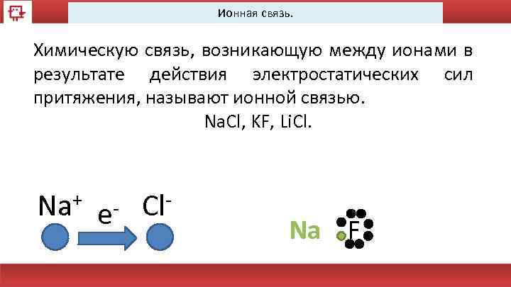 Ионная связь. Химическую связь, возникающую между ионами в результате действия электростатических сил притяжения, называют
