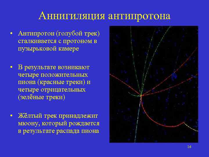 Аннигиляция антипротона • Антипротон (голубой трек) сталкивается с протоном в пузырьковой камере • В