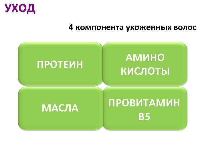 УХОД 4 компонента ухоженных волос ПРОТЕИН АМИНО КИСЛОТЫ МАСЛА ПРОВИТАМИН В 5 