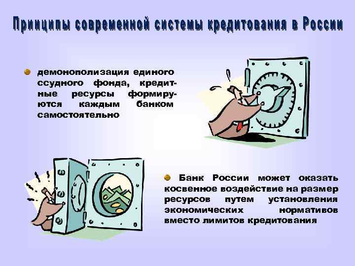 демонополизация единого ссудного фонда, кредитные ресурсы формируются каждым банком самостоятельно Банк России может оказать