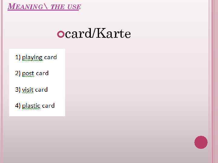 MEANING THE USE card/Karte 