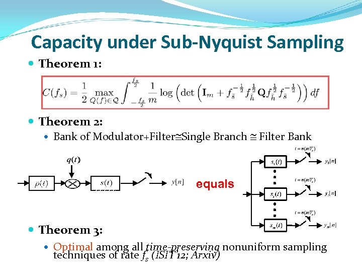 Capacity under Sub-Nyquist Sampling Theorem 1: Theorem 2: Bank of Modulator+Filter Single Branch Filter