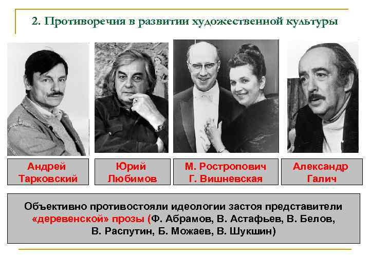 2. Противоречия в развитии художественной культуры Андрей Тарковский Юрий Любимов М. Ростропович Г. Вишневская