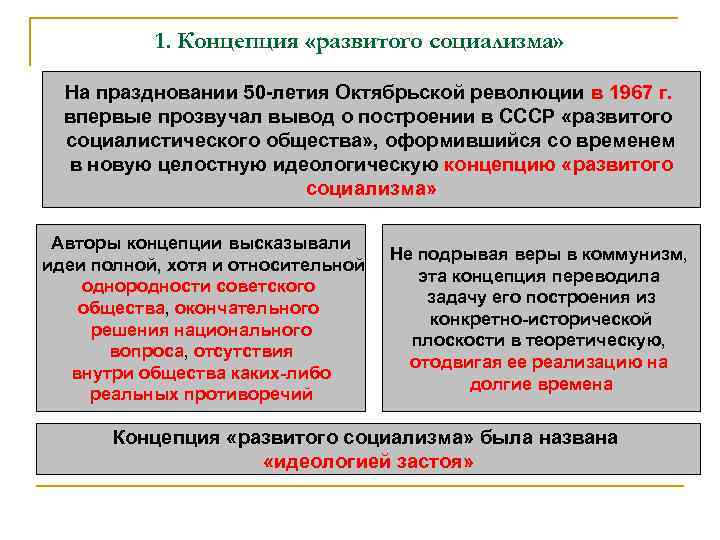 1. Концепция «развитого социализма» На праздновании 50 -летия Октябрьской революции в 1967 г. впервые