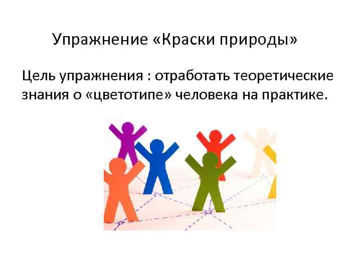 Упражнение «Краски природы» Цель упражнения : отработать теоретические знания о «цветотипе» человека на практике.