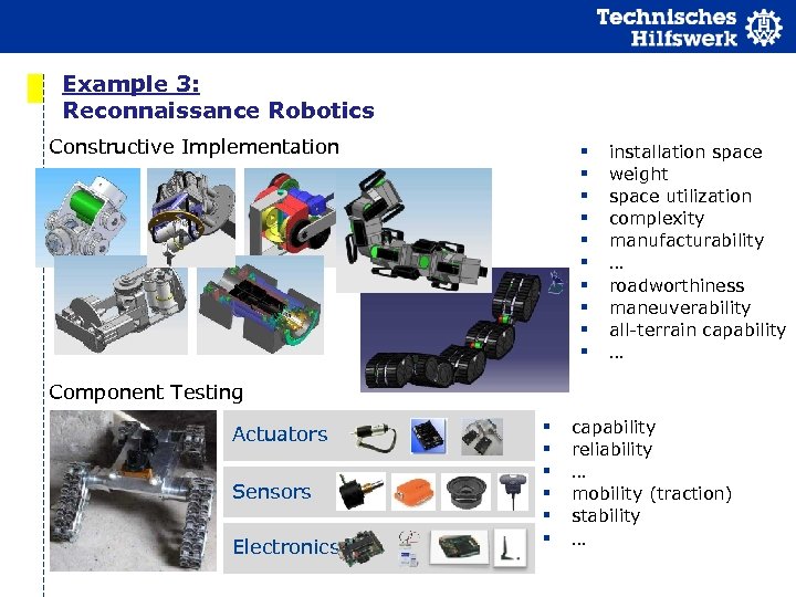 Example 3: Reconnaissance Robotics Constructive Implementation installation space weight space utilization complexity manufacturability …