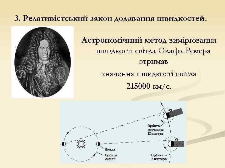 3. Релятивістський закон додавання швидкостей. Астрономічний метод вимірювання швидкості світла Олафа Ремера отримав значення