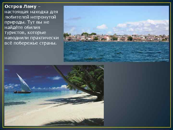 Остров Ламу – настоящая находка для любителей нетронутой природы. Тут вы не найдёте обилия