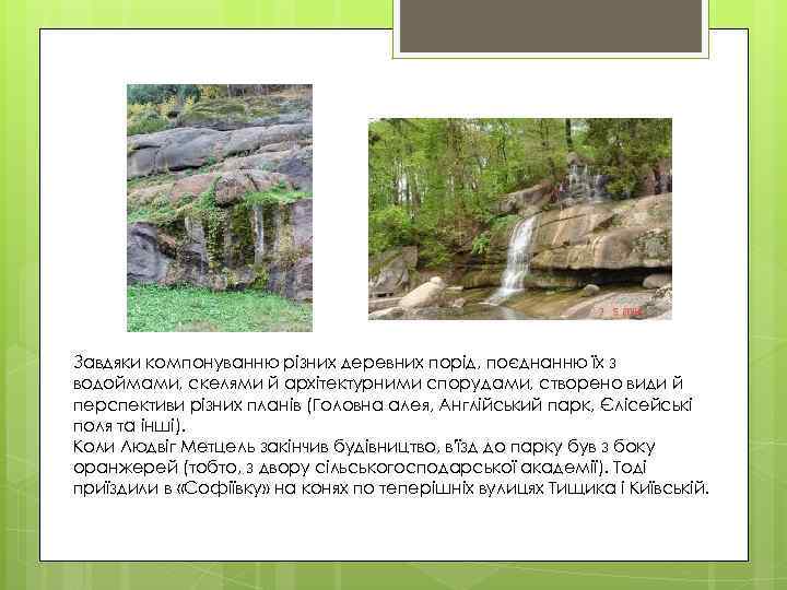 Завдяки компонуванню різних деревних порід, поєднанню їх з водоймами, скелями й архітектурними спорудами, створено