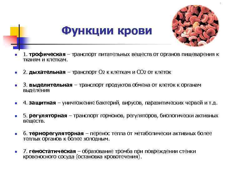 Функции крови n 1. трофическая – транспорт питательных веществ от органов пищеварения к тканям