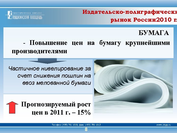 Издательско-полиграфически рынок России. 2010 г. БУМАГА - Повышение цен на бумагу крупнейшими производителями Частичное