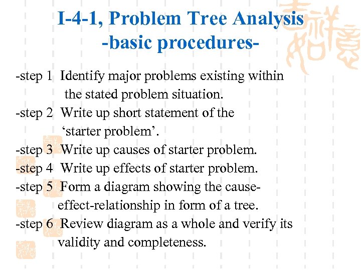I-4 -1, Problem Tree Analysis -basic procedures-step 1 Identify major problems existing within the