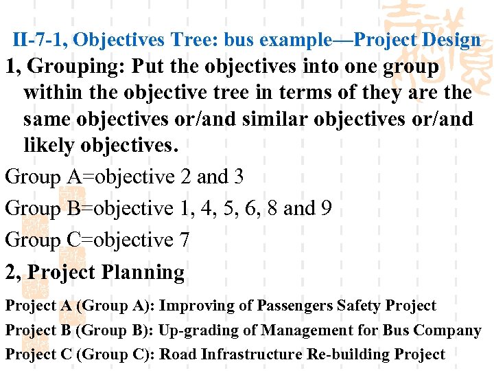 II-7 -1, Objectives Tree: bus example—Project Design 1, Grouping: Put the objectives into one
