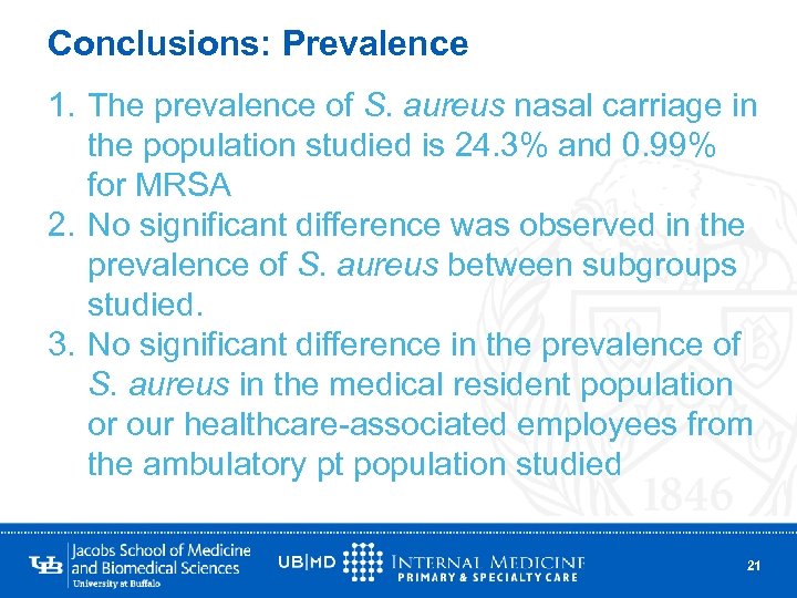 Conclusions: Prevalence 1. The prevalence of S. aureus nasal carriage in the population studied