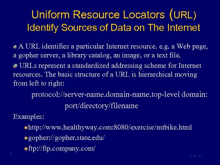 Uniform Resource Locators (URL) Identify Sources of Data on The Internet A URL identifies