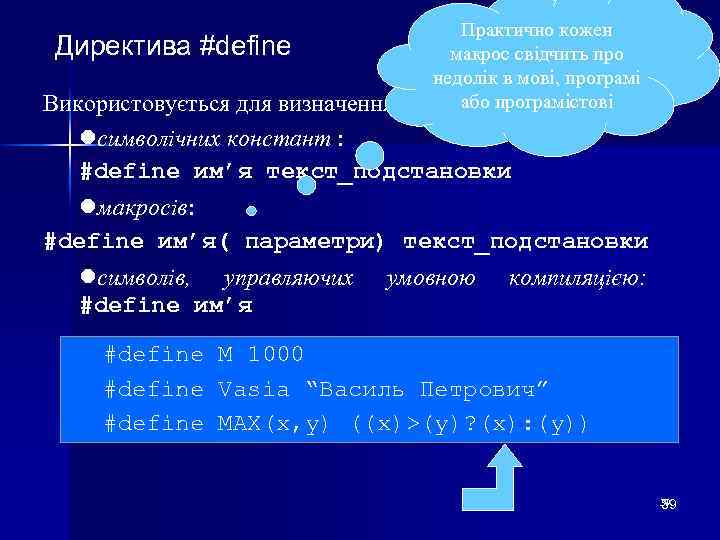 Директива #define Практично кожен макрос свідчить про недолік в мові, програмі або програмістові Використовується
