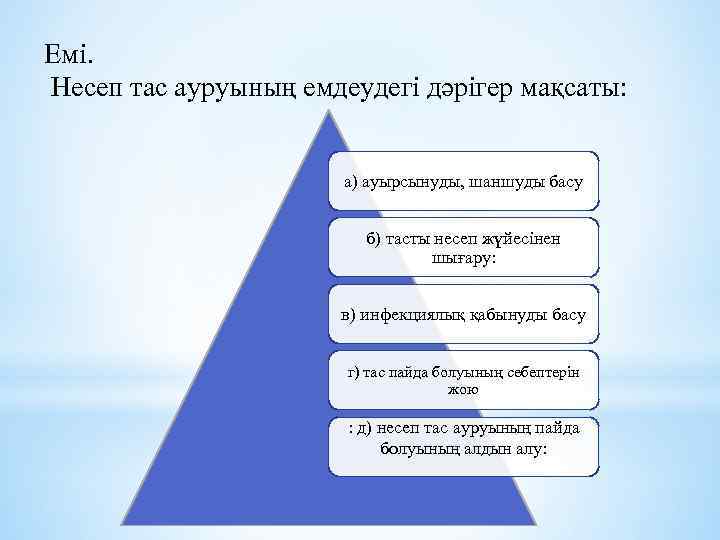 Емі. Несеп тас ауруының емдеудегі дәрігер мақсаты: а) ауырсынуды, шаншуды басу б) тасты несеп