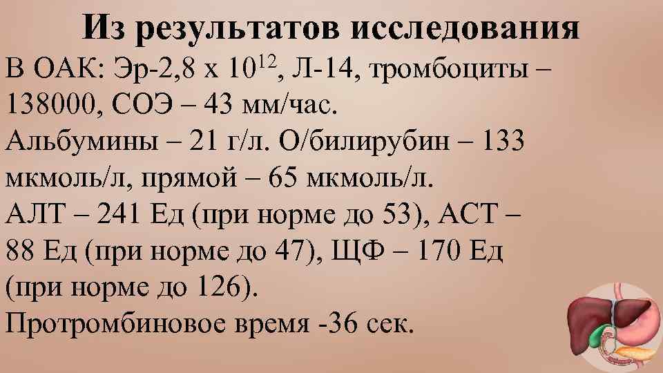 Из результатов исследования В ОАК: Эр-2, 8 х 1012, Л-14, тромбоциты – 138000, СОЭ